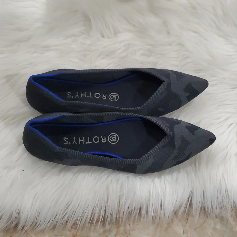 Rothy's The Point  Gray Camo  Flats with Sleek Pointed Toe and Blue Trim - Picture 9 of 16
